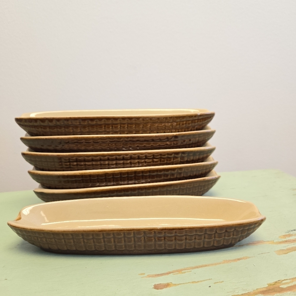 Brown Glazed Stoneware Tawaiin Corn Cob Serving Set of 6 Vintage